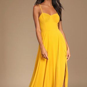 Brand New Lulu Golden Yellow Pleated Bustier Maxi Dress - Size Small